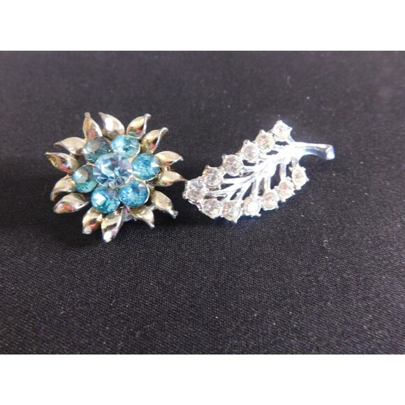 Rhinestone Brooches, Blue Flower Star and Silver Tone Leaf Vintage Set of Two - Picture 2 of 6